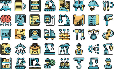 Poster - Engineer factory icons set outline vector. Machine work. Technical computer color flat isolated