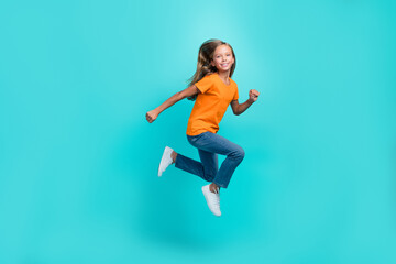 Poster - Full body length photo of young cute pretty schoolgirl running hurry late for school shopping sale season isolated on aquamarine color background