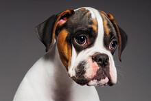 Portrait Of Cute Baby Boxer Puppy Dog In Studio