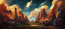 Awe Inspiring Sandstone Butte Pillar Rock Formations, Ancient Inscribed Canyon Valley Monolithic Arches And Cliffs - Wild Flowers And Majestic Epic Surreal Turbulent Storm Clouds. 