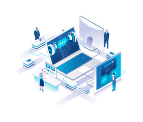 Aufkleber - Blogging isometric landing page. Concept with tiny people standing around giant laptop computer and creating post or working on content for internet blog. Illustration for website.