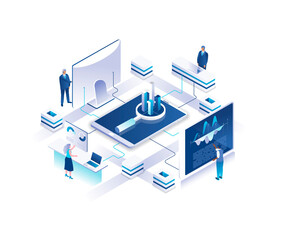 Data analysis, statistical or financial analytics isometric landing page. Concept with tiny people analyzing information on giant computers placed around diagram in center. Illustration for website.