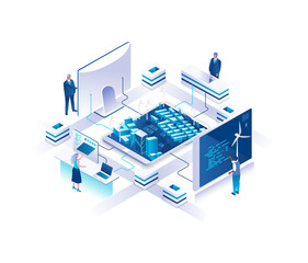 Aufkleber - Green city isometric landing page. Concept of sustainable energy or eco-friendly technology with tiny people working on computers around map with buildings and wind turbines. Illustration for website.