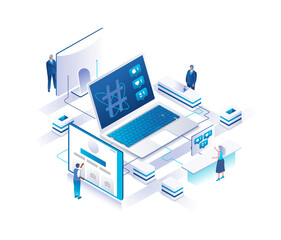 Aufkleber - Social media or network isometric landing page. Concept of online platform for communication with people standing around laptop computer with feedback notification on screen. Illustration for website.