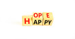 © Dzmitry - Hope and happy symbol. Concept words Hope and Happy on wooden cubes. Beautiful white table white background. Business hope and happy concept. Copy space.
