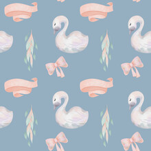 Seamless Pattern Of Watercolor Fairy Tale Princess Swan, Illustration On A Blue Background