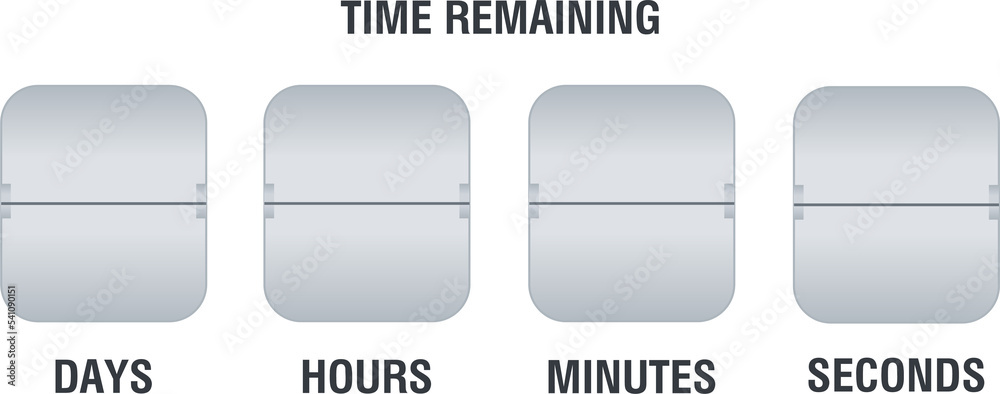 Flip countdown clock counter timer. Time remaining count down flip board with scoreboard of day, hour, minutes and seconds for web page upcoming event template design. Illustration