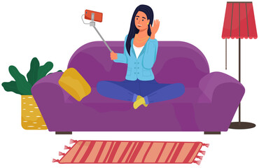 Poster - Podcaster woman character in office room interior. Girl listening audio podcast and speaking at live streaming use smartphone and laptop on her vlog. Podcaster making, blogger, technology concept
