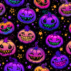 Wall Mural - Creepy toothy Halloween pumpkins. Bright seamless pattern