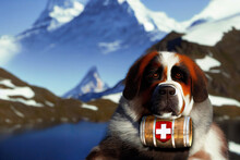 A Saint Bernard Dog Carrying A Keg Of Brandy In Swiss Lake With The Matterhorn Peak Of Switzerland. Cervino Mountain Of Swiss Alps Was Reflected In The Water As Snow-covered Mountains. 3D Rendering.