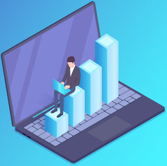 Poster - businessman looking at business diagram on laptop screen. guy makes bar chart report. business stati