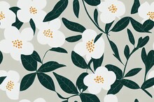 Floral Seamless Pattern, White Semi Double Camellia Flowers With Leaves On Bright Grey