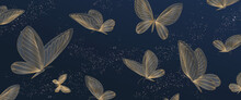 Dark Blue Luxury Art Background With Butterflies In Golden Line Style. Abstract Vector Banner For Wallpaper Design, Decor, Print, Pattern.