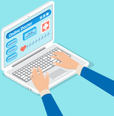Online medical treatment, diagnostics, pharmacy prescription. Mobile app for consultations with doctor and diagnosis. Man uses program for health analytics, looking at medical application interface