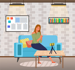 Poster - Happy woman listening and recording audio podcast, talking on video call. Young female character with smartphone studying, listening to broadcast, streaming online with phone gadget for blog