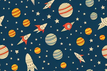 Wall Mural - Hand drawn space elements seamless pattern. Space background. Space doodle illustration. 2d illustration illustration. Seamless pattern with cartoon space rockets, planets, stars, slogans.