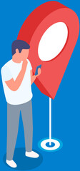 Poster - GPS navigation. Man looking at geolocation on his phone. Smartphone with map, route and pointers. Map world. Vector isometric. Navigation phone icon. Mobile app interface, geolocation positioning
