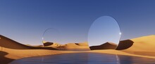 3d Rendering, Abstract Modern Minimal Panoramic Background With Round Mirrors. Desert Landscape With Sand Dunes Under The Clear Blue Sky. Fantasy Aesthetic Wallpaper