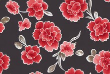 Floral Seamless Pattern, Red Semi Double Camellia Flowers With Leaves On Bright Grey