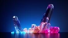 3d Render, Colorful Crystals Isolated On Blue Background. Modern Fantasy Wallpaper