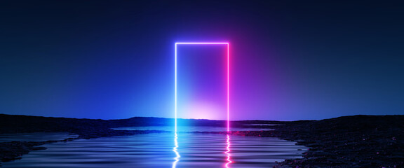 Wall Mural - 3d rendering, abstract futuristic background. landscape with water and square geometric arch glowing