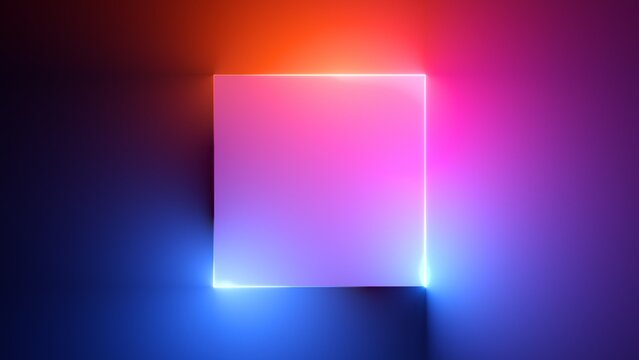 Wall Mural -  - 3d render, abstract colorful neon background with square frame. Simple geometric shape, blank banner