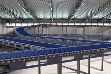 Poster - Production room. Long conveyor inside building. Hangar with multi-level production line. Automated production without people. Concept sale conveyor equipment. Modern production conveyor. 3d image