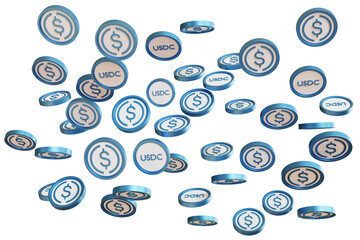 Poster - USDC Coins. Cryptocurrency money. Decentralized dollar. USDC Coins isolated on white. Concept of secure stablecoin. Blue coins with dollar sign. Background with falling USDC money. 3d rendering.