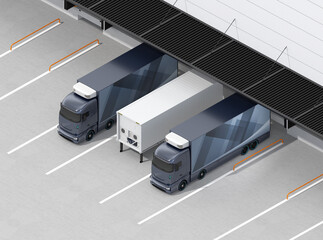 Wall Mural - Isometric view of electric trucks with reefer container and single container trailer parking in logistics center. Cold chain concept. 3D rendering image.