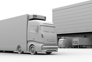 Wall Mural - Clay rendering of electric trucks with reefer container and single container trailer parking in logistics center. Cold chain concept. 3D rendering image.