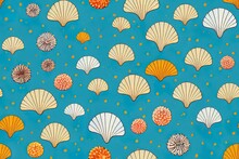 Sea Bottom Seamless Pattern.Summer Beach Hand Drawn Seaside 2d Illustration Print.Undersea World Cartoon Background With Sea Urchin, Starfish, Shell, Coral. Seashore Elements Design For Fabrics