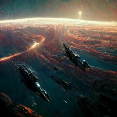 Wall Mural - ai-generated digital art of an illuminated planet with futuristic boats sailing on it in space