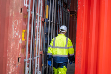 Poster - Technicians working in the container yard warehouse,Container yard warehouse inspection,Cargo Shipping Import and Export industry.