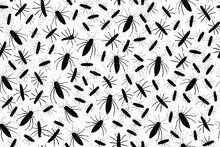 Monochrome Seamless Pattern With Handwritten Text Lorem Ipsum And Hand Drawn Insects. 2d Illustration Background With Butterflies, Beetles, Dragonfly On An Old Paper Backdrop. Wallpaper, Wrapping