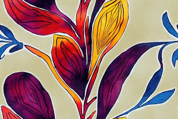 Wall Mural - Paisley watercolor floral pattern tile flowers, flores, tulips, leaves. Oriental indian traditional hand painted water color whimsical seamless print, ceramic design. Abstract india batik background