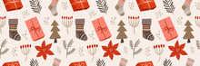 Christmas Cozy Winter New Year Long Pattern With Gifts, Christmas Tree, Plants And Socks
