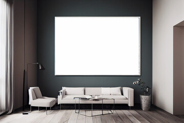 Wall Mural - Interior living room, empty frame in wall mockup in white and scandinavian colors room with wooden furniture. Bright living room interior with white empty wall. 3D rendering, illustration.