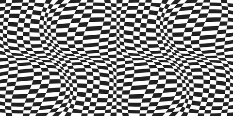 Poster - Very curly checkered pattern. Optical vector from 3D chessboard. The canvas is convex from black and white chess cells.