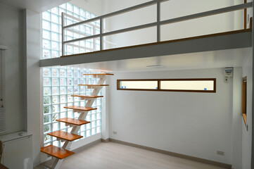 Wall Mural - wooden staircase and glass wall, interior design