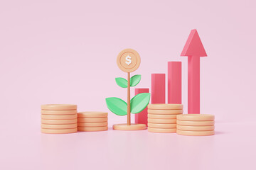 Cartoon minimal showing financial coins stacks growing investment with tree on money budget fund finance successful business development concept on pink background. 3d render illustration