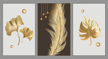 3d Illustration Background Wallpaper. Golden, Orange Feathers, Leaves And Golden Spheres. For Interior Wall Home Decor	
