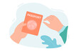 Hand giving international passport to man. Person holding identification document of citizen flat vector illustration. Citizenship, immigration concept for banner, website design or landing web page