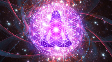 Wall Mural - Silhouette of a girl in Lotus position on the background of the fractal universe. A state of trance and deep meditation. A spiritual journey in the universe.