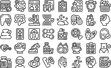 Sticker - Good health icons set outline vector. Exercise plan. Hospital