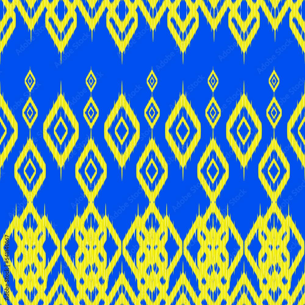 Fabric ethnic ikat seamless pattern. Geometric diamond triangle shape  zigzag yellow and blue background. Ornate African tribal ikat line  patterns. Vector illustration modern retro vintage design. Stock Vector |  Adobe Stock, image size:1000x1000