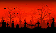 Old Cemetery Silhouette. Abandoned Graveyard. Nightmare Tombstone Scary Wallpaper, Halloween Horror Vector Cover Or Background, Creepy Backdrop With Graveyard Crosses, Bats And Crows Silhouettes