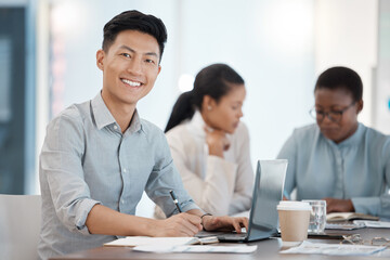 Aufkleber - Coworking, smile and businessman working on a laptop, planning in a notebook and writing an idea at work. Portrait of an Asian, corporate and marketing worker with research and information on the web