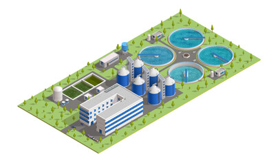 Isometric treatment plant. Sewage and wastewater filtration, purification, aeration and settling tanks. Vector facilities of waste water cleaning station with tanks, pipes, pumps and water towers