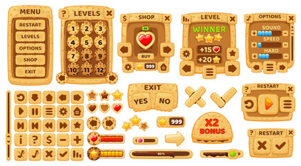 Poster - Cartoon cookie cracker game interface UI and GUI elements. Vector cookie control icon and candy chocolate arcade fame navigation arrows, menu options and assets with props or GUI buttons