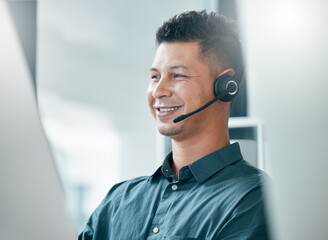 Poster - Consultant, call center and contact us man at computer with smile in office with mic headset. Consulting, sales or support worker male at pc happy in corporate and professional workspace.